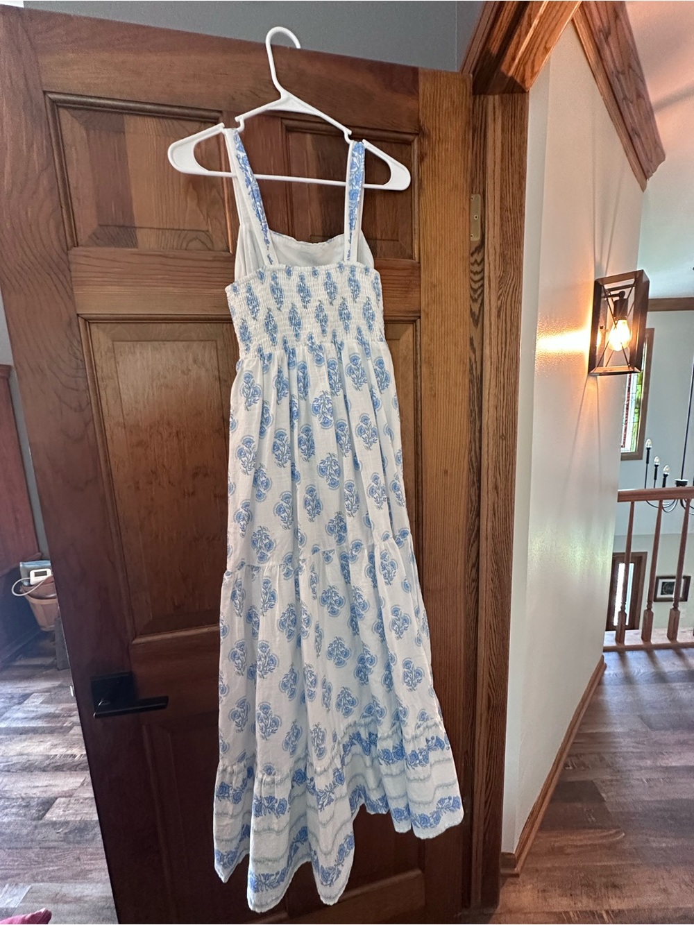 Haute Hippie Style Blue White Block Print Smocked Maxi Dress Size 2 Boho